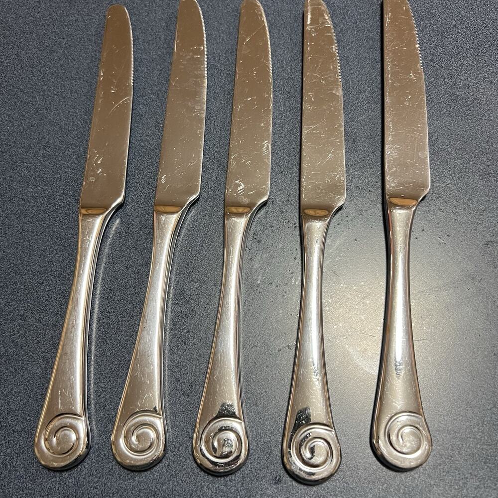 Robert Welch Stainless Ammonite Bright 5 French Hollow Pistol Knives 9 7/8"